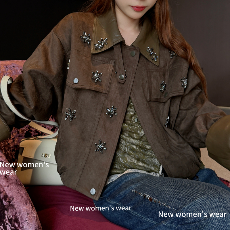 2026 Autumn Vintage Style Heavy Beaded Suede Lapel Short Jacket for Women, Loose Fit, Petite, Fashionable Casual Jacket 2026 Autumn Vintage Style Heavy Beaded Suede Lapel Short Jacket for Women, Loose Fit, Petite, Fashionable Casual Jacket