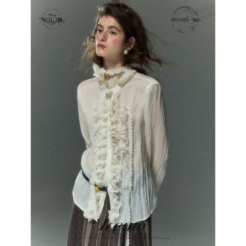 Iceiito*Tbilisi* White Cupro Silk Asymmetrical Three-Dimensional Lace French Retro Palace-Style Shirt