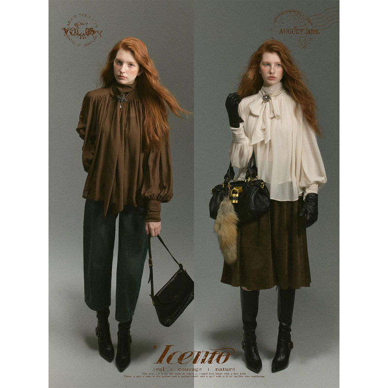 Iceiito*Mirror Hall Oath* Two-Tone Chiffon Ruched Ribbon Vintage Palace-Style Long-Sleeve Shirt