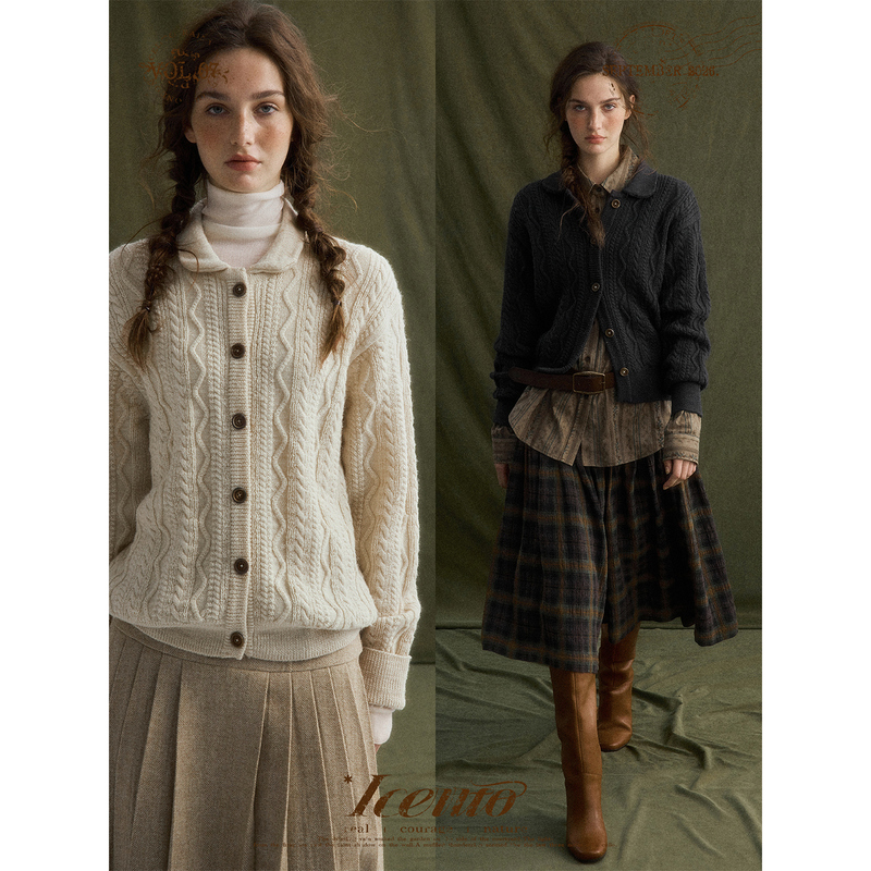 Iceiito*Storm Mountain Villa* Two-Tone Peter Pan Collar Three-Dimensional Cable Knit Vintage British Cardigan Sweater Jacket Iceiito*Storm Mountain Villa* Two-Tone Peter Pan Collar Three-Dimensional Cable Knit Vintage British Cardigan Sweater Jacket