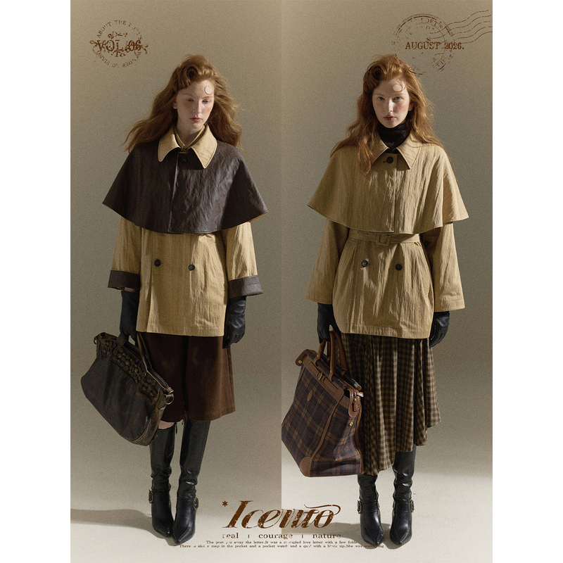 Iceiito*Fenbul's Winter* Retro Style Commuter Khaki Detachable Double-Sided Cape Coat Windbreaker for Women