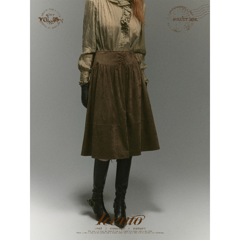 Iceitio*Mistletoe*Retro French-Style Artistic Brown Elegant Versatile Workwear Suede Lace-Up Skirt