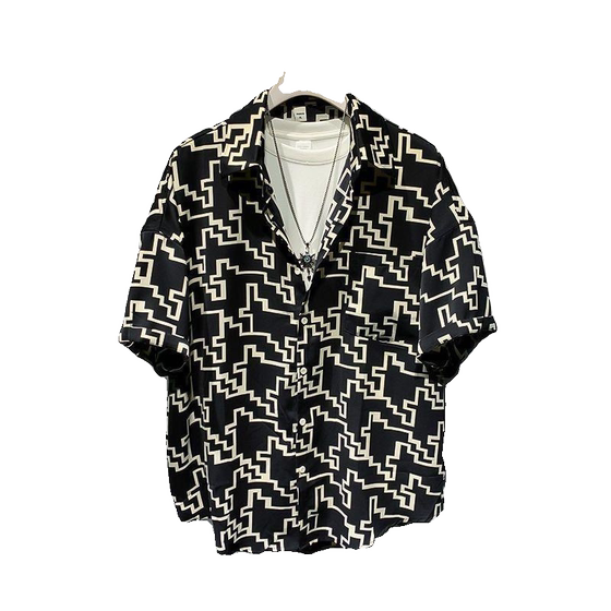 
300*0.5kg Large size men's retro style full-print shirt short-sleeved shirt men and women summer thin loose jacket 2