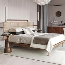 Wabi style solid wood rattan bed B&B home Nordic rattan bed retro 1 5m1 8m bed hotel master bedroom double bed