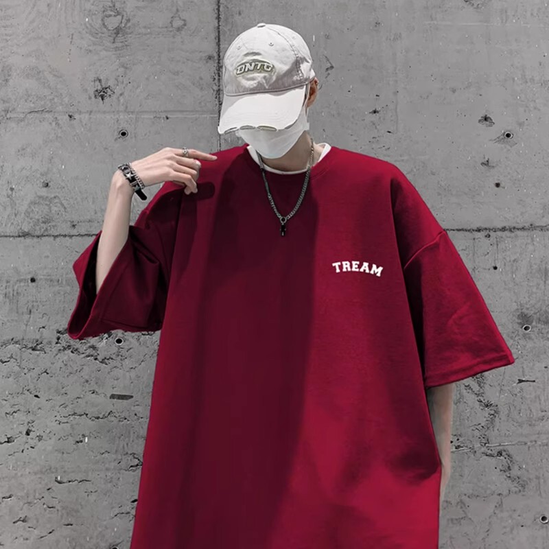 Plus Size 150kg American High Street Burgundy Short-Sleeved T-Shirt for Men and Women Summer Couple Versatile Loose T-Shirt Top Plus Size 150kg American High Street Burgundy Short-Sleeved T-Shirt for Men and Women Summer Couple Versatile Loose T-Shirt Top