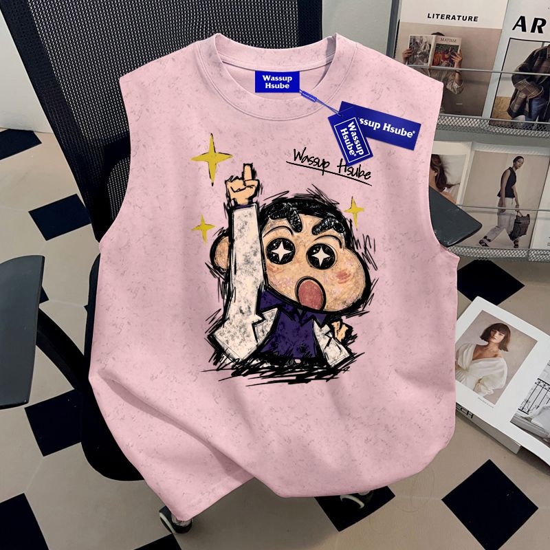 Wassup2026 Summer Pure Cotton Men's and Women's T-Shirt ins Pink Tie-Dye Vest Crayon Shin-Chan Print Sleeveless Top