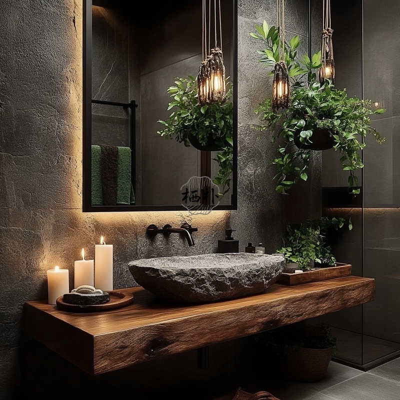 Wabi-Sabi Style Solid Wood Bathroom Cabinet, Vintage Wall-Mounted Natural Wood Edge Shelf Washbasin Sink