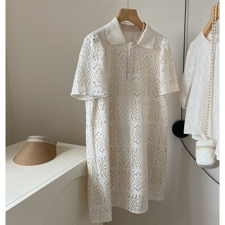 Plus-Size Sweet and Stylish Hollow-Out Dress with a Chanel-Inspired Design, Featuring Delicate Craftsmanship and a Gentle, Elegant Vibe, Mid-Length Shirt Dress