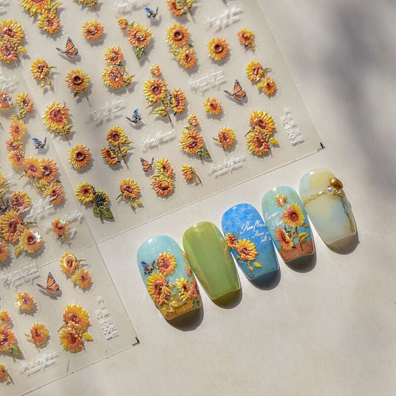 Retro Oil Painting Plaster Sunflower Embossed Nail Art Stickers Tomoni Popular Stereo Nail Stationery Decoration Stickers