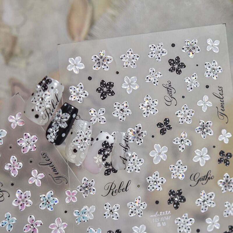 Polka Dot Black and White Plumeria Colorful Five-Petal Flower Crystal Rhinestone Nail Stickers Tomoni Internet Celebrity Versatile Floral Decoration Stickers