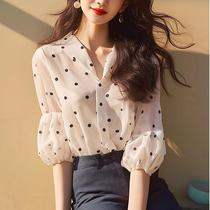 French fashionable foreign style thin high-end tops light familiar French niche white polka dot chiffon shirt for women summer