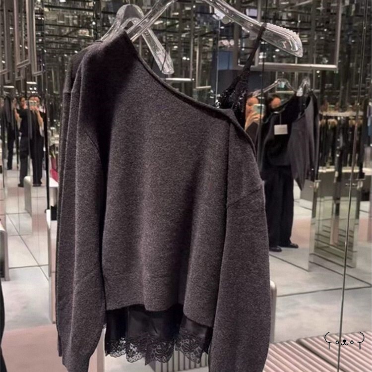 Alexander Wang New Style Letter Lace Patchwork Off-Shoulder Knit Sweater for Women and Men