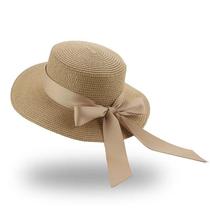 Bucket Hat Beach Summer Straw Hats for Women Flat Top Ribbon