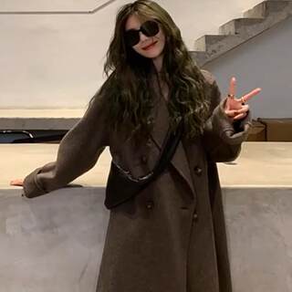 Brown Cashmere Coat, Mid-Length, High-End Feel, 2025 Autumn and Winter New Style, Korean Version, Loose Fit, Elegant Double-Sided Woolen Coat