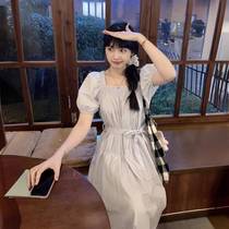 Actual shot Korean style new summer dress square neck pleated design puff sleeves loose slimming long skirt womens clothing