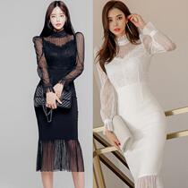 2024 spring new arrival ladylike temperament stand-up collar see-through mesh splicing goddess-style slim-fit hip-hugging fishtail dress