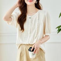 Korean gentle style round neck shirt for women 2024 summer new lace design short-sleeved shirt