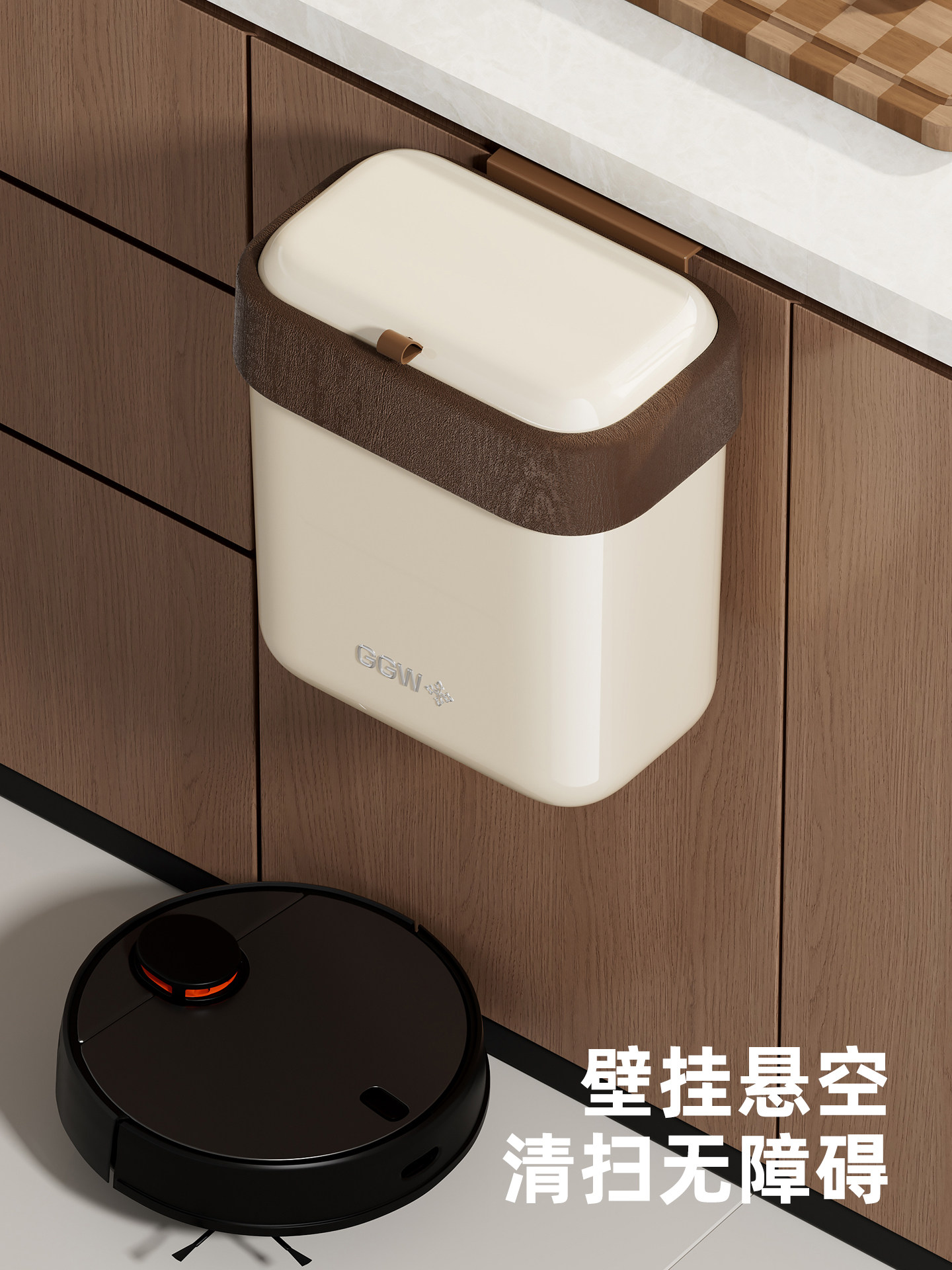 Wood Grain Kitchen Trash Can with Lid, Wall-Mounted for Home Use, High Aesthetic Value, No Need to Bend Over, Large Size, Specifically for Kitchen Waste