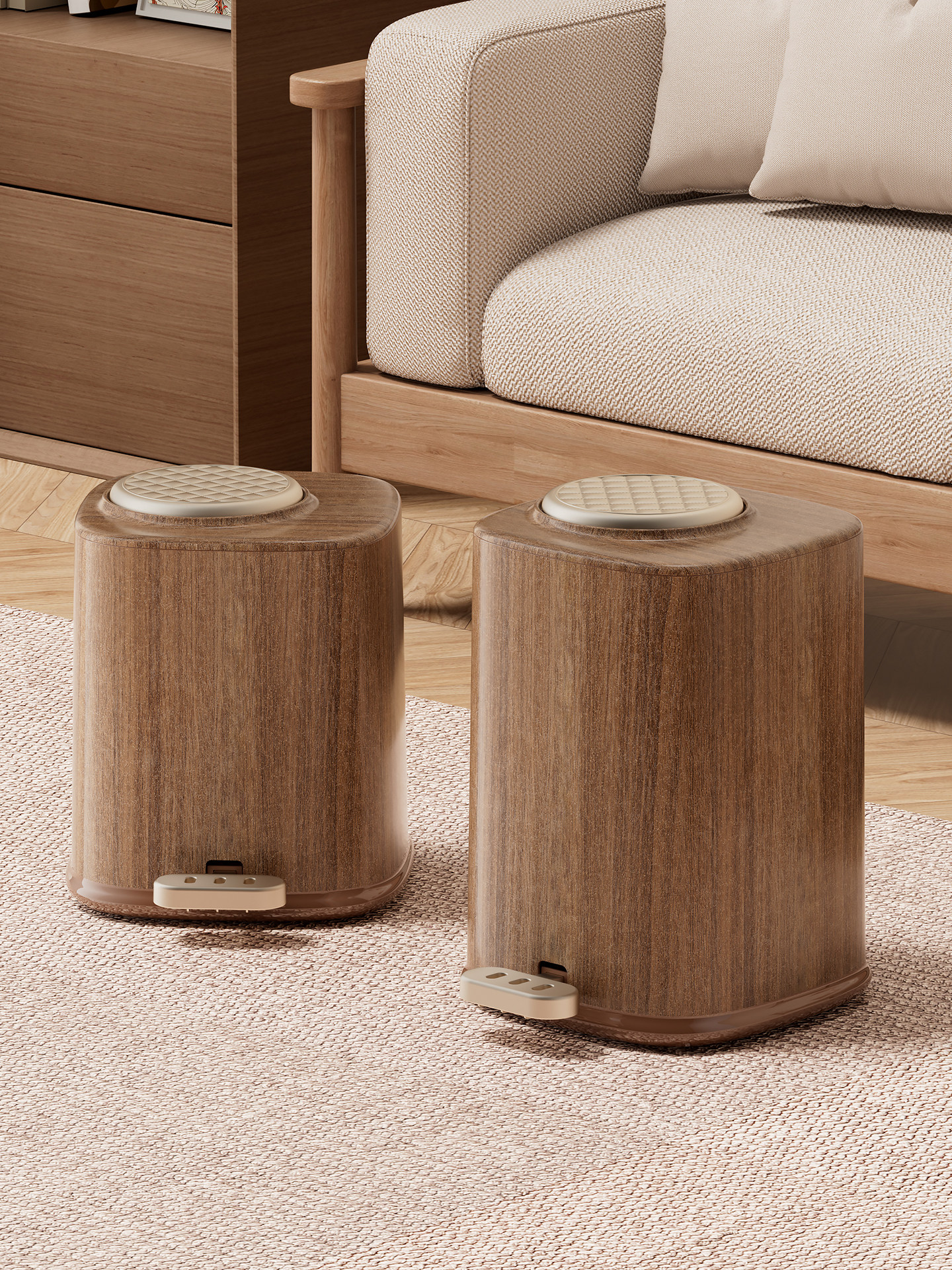 Wood Grain Foot-Operated Trash Can for Home Use in the Living Room, Light Luxury, High-End, Large Capacity, for Kitchen, Toilet, Bathroom, Bedroom, with Lid