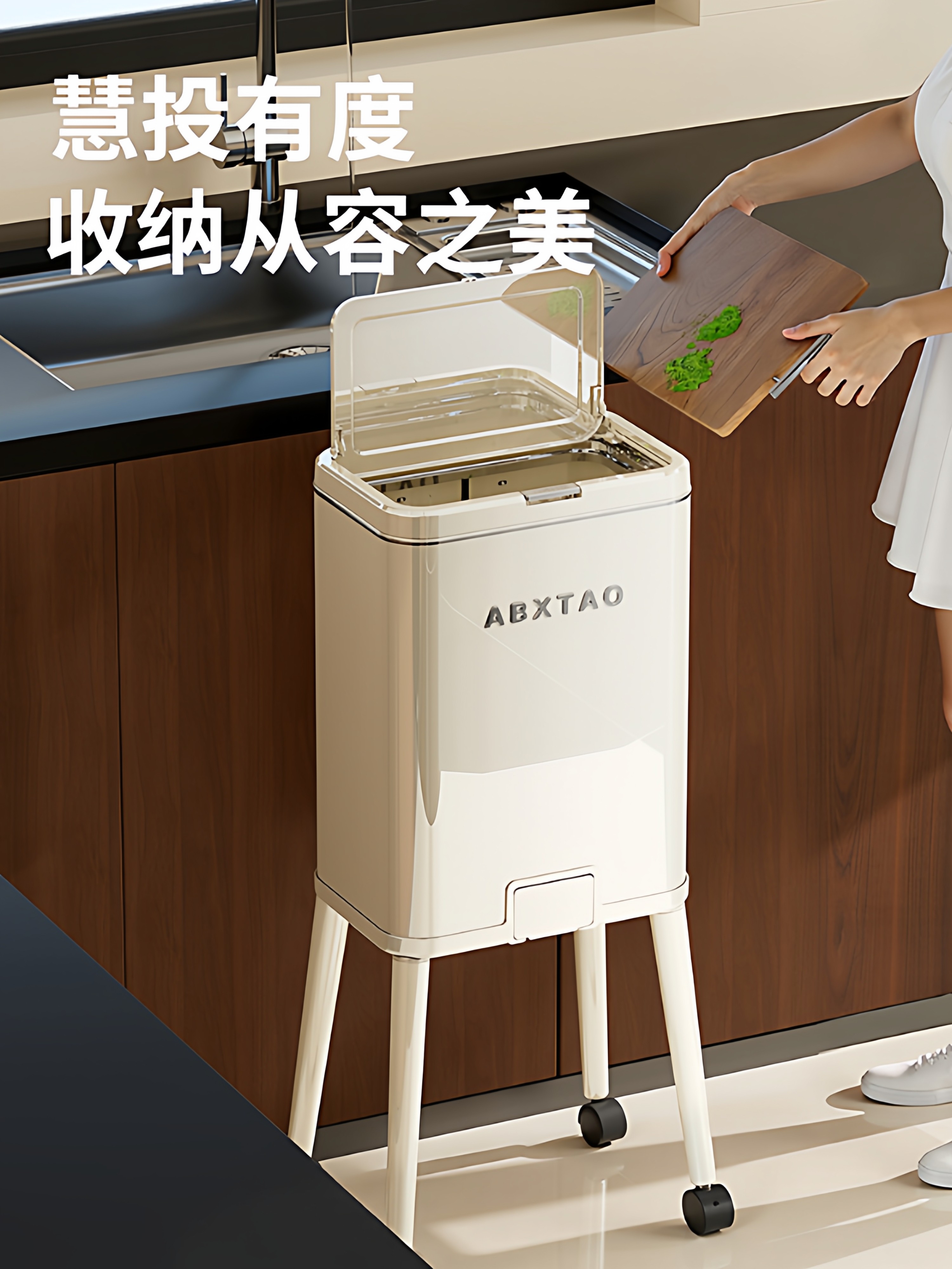 Kitchen Metal Trash Can, High Aesthetic Value, Large Capacity, with Wheels, Mobile, Suitable for Home, Living Room, Bedroom, Bathroom, Sanitary Grade, Universal