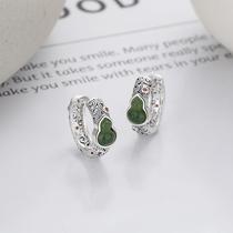 Yunchaoxuan S925 silver retro fashion green gourd and field jade hollow pattern ancient style trendy earrings and ear buckles
