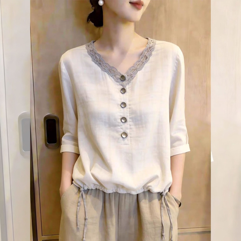 White V-Neck Lace-Trimmed Three-Quarter Sleeve Shirt for Women, Early Autumn 2026 New Style, Button-Up, Elegant, Simple and Versatile Top