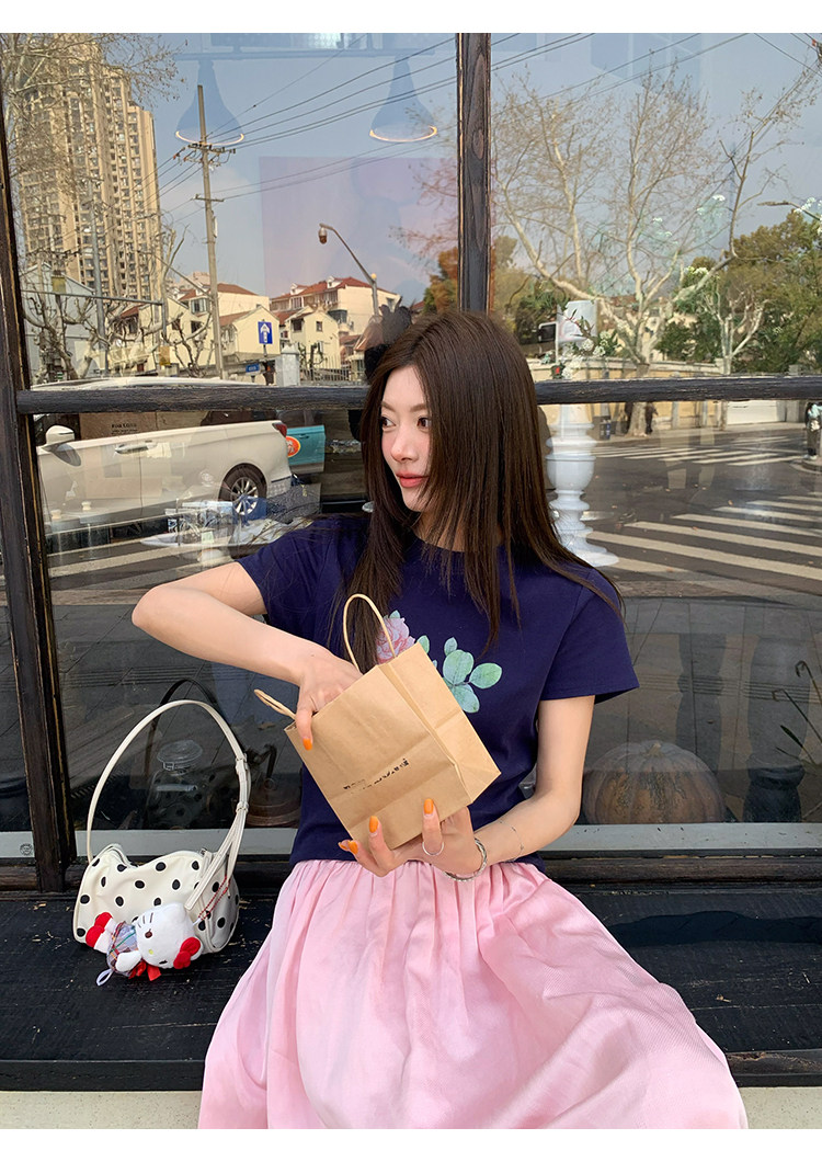 牙套大汪 【Розы! Розы】 Принтованная футболка с короткими рукавами летняя универсальная стройнящая блузка