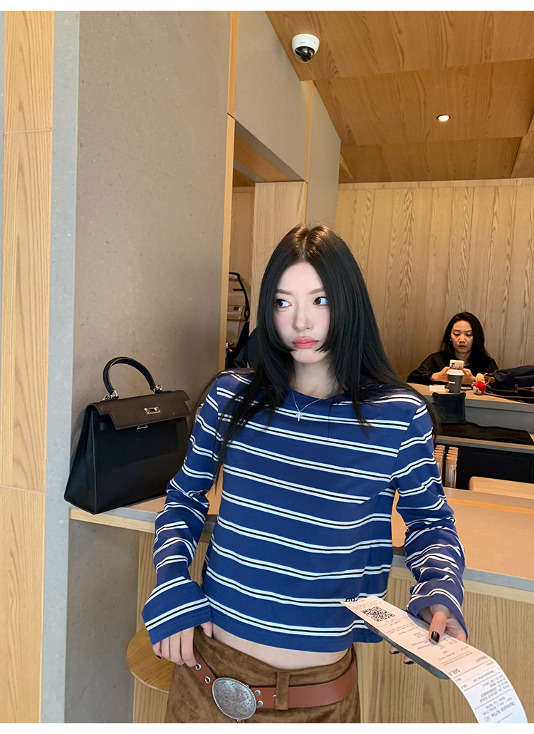 牙套大汪 【海魂2代】полосатая голова синяя осенняя новинка casual свободная стройнящая базовая футболка