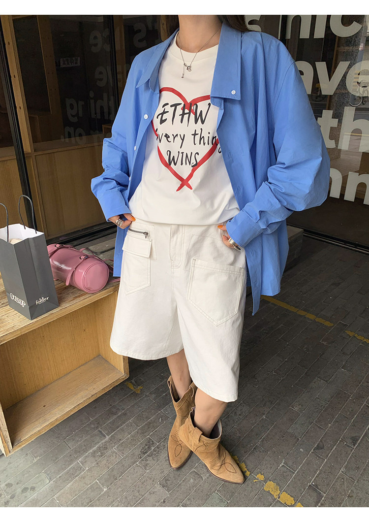 牙套大汪 【Сердечный ритм】 Свободная футболка с круглым вырезом и уникальным принтом в виде букв и сердечек