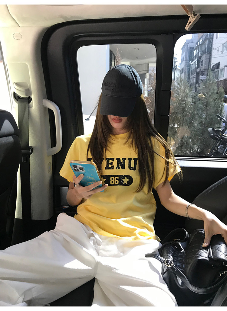 牙套大汪 Футболка с буквенным принтом, короткий рукав, 2 цвета