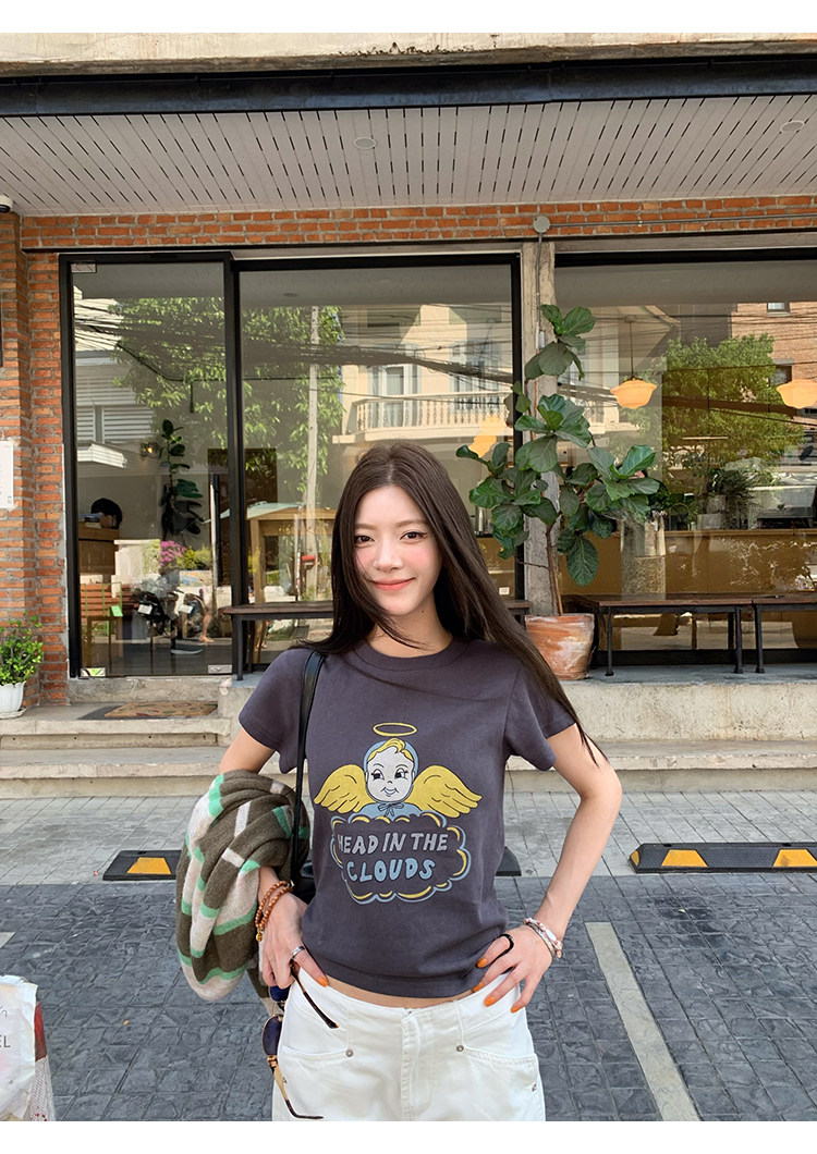 牙套大汪【天使贝贝】Американская ретро футболка с принтом ангелочка приталенного кроя с короткими рукавами