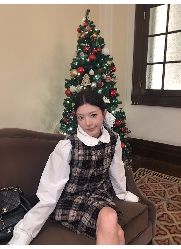 牙套大汪 【双轨女孩】 белая хлопковая рубашка с широкой планкой, складками и воротником-стойкой в школьном стиле