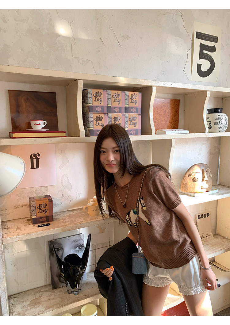 牙套大汪 【Мадридское детство】 Отличный состав! Двухцветный вязаный джемпер с короткими рукавами и жаккардовым узором пони