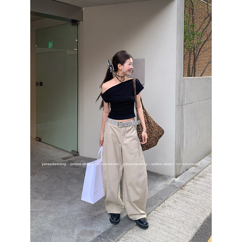 牙套大汪 【洛杉矶】 женские прямые брюки с драпировкой светло-бежевые широкие