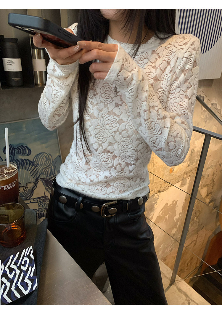牙套大汪【岛屿花】Кружевная блузка с цветочным принтом женская базовая с длинным рукавом приталенная