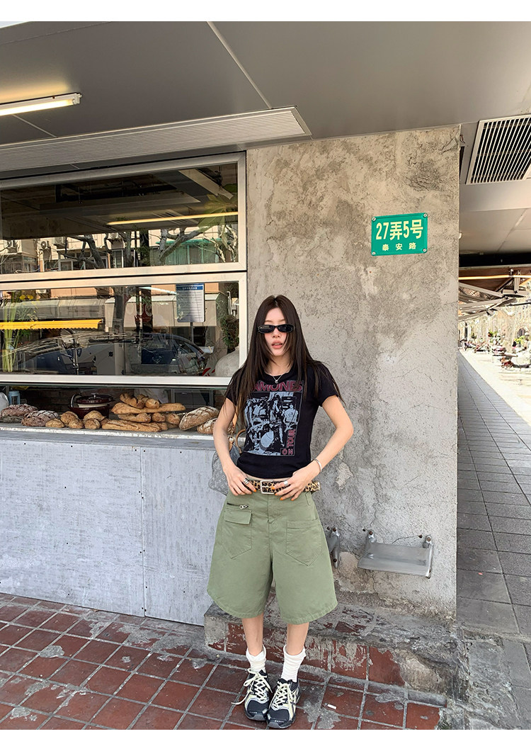 牙套大汪 【Ретро возвращение】 Американский ретро стиль рок контрастная печать прямые плечи приталенная футболка