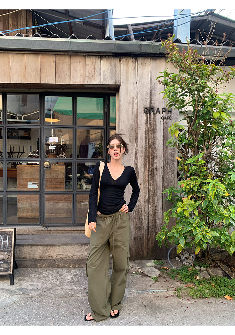 牙套大汪 【C位T】 полупрозрачная V-образный вырез приталенная стройнящая длинный рукав вязаная футболка