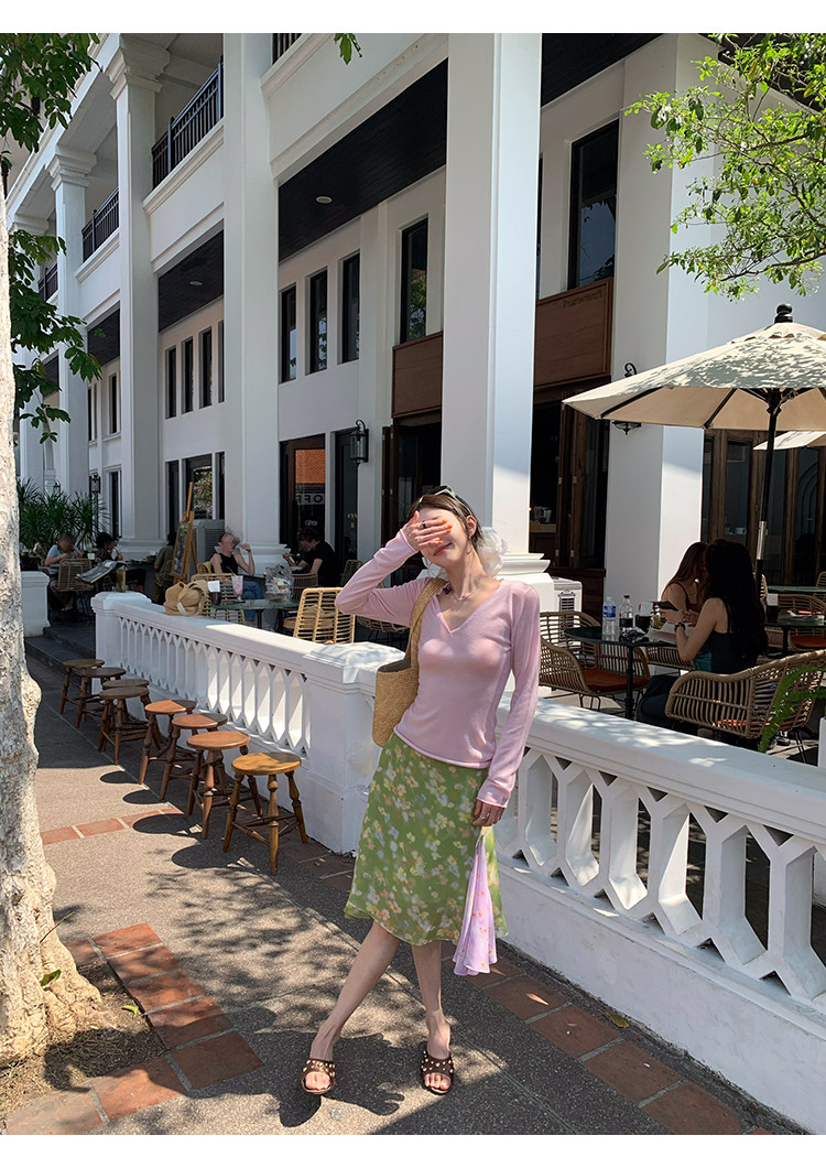 牙套大汪 【C位T】 полупрозрачная V-образный вырез приталенная стройнящая длинный рукав вязаная футболка