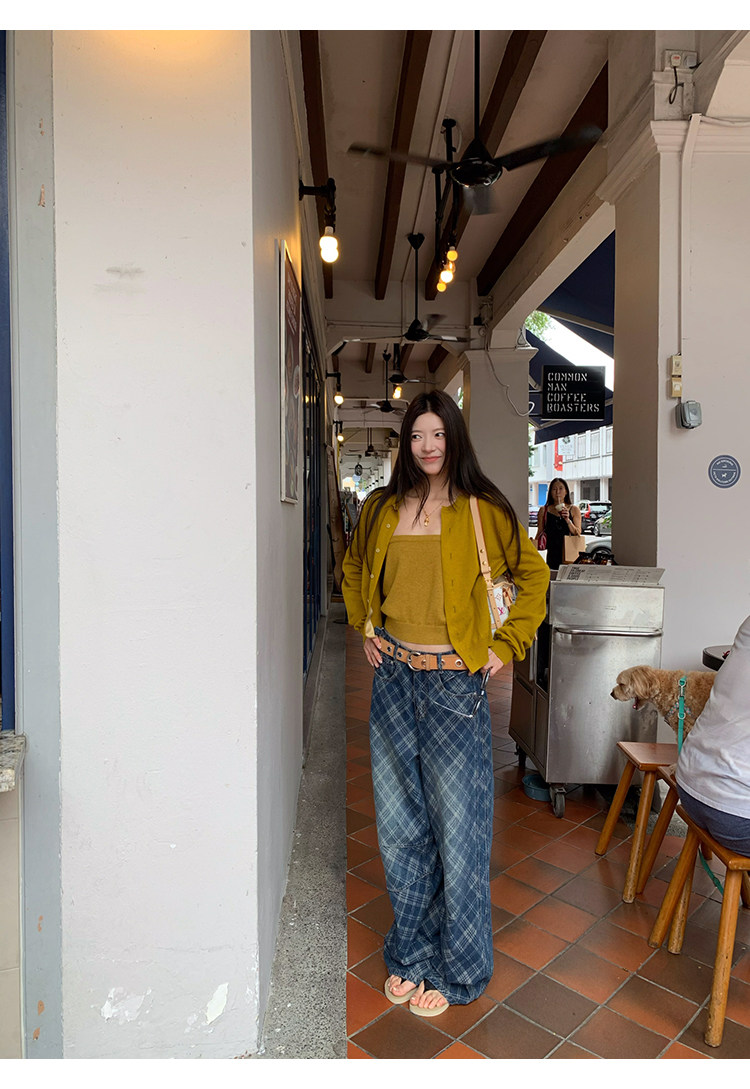 【星期八】Американские ретро клетчатые уличные джинсы с леопардовыми карманами 2026, новая модель широких универсальных повседневных джинсов