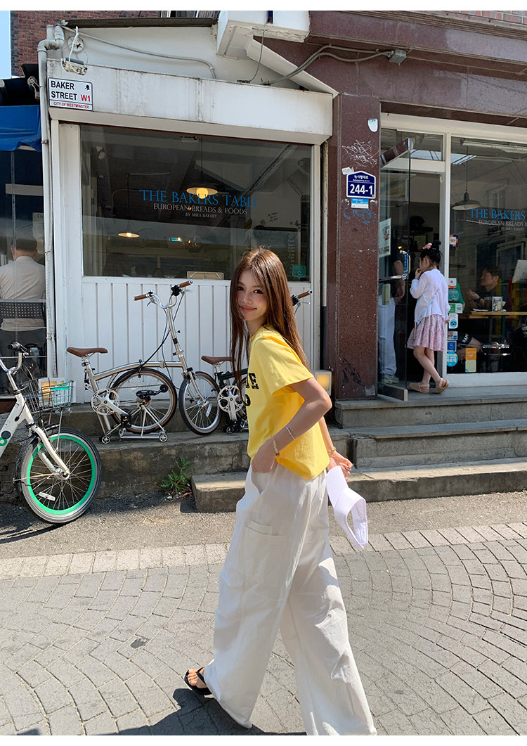 牙套大汪 Футболка с буквенным принтом, короткий рукав, 2 цвета