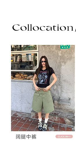 牙套大汪 【Ретро возвращение】 Американский ретро стиль рок контрастная печать прямые плечи приталенная футболка