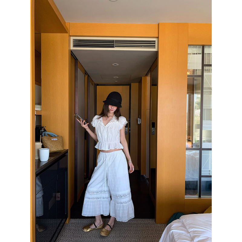 Braces Big Wang【Summer Stroll】White Lace Trim Short Shirt Short Sleeve Cool and Refreshing Sun Protection Top Braces Big Wang【Summer Stroll】White Lace Trim Short Shirt Short Sleeve Cool and Refreshing Sun Protection Top