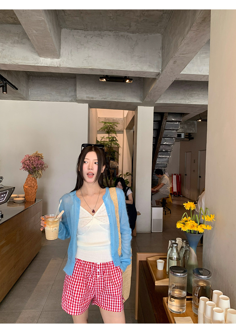 牙套大汪 корейские девичьи клетчатые повседневные шорты с эластичным поясом и пуговицами