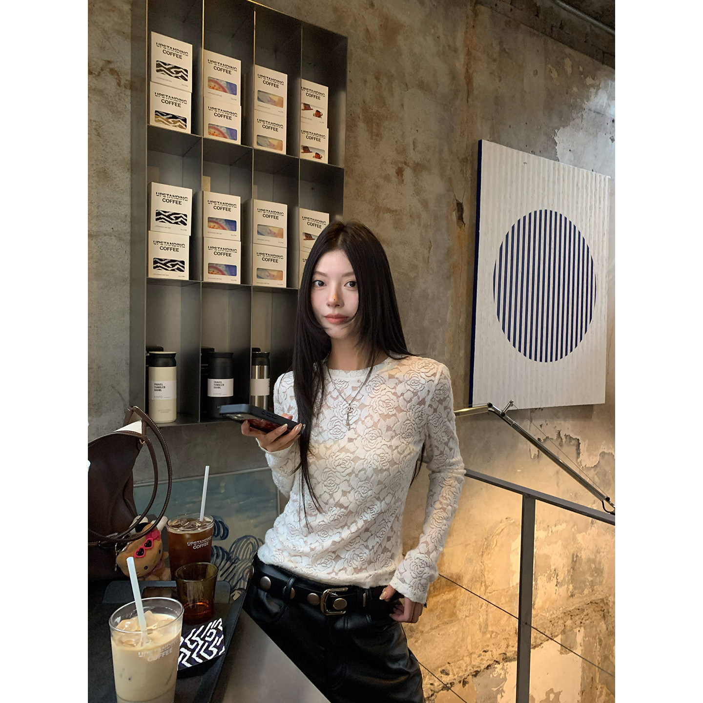 牙套大汪【岛屿花】Кружевная блузка с цветочным принтом женская базовая с длинным рукавом приталенная