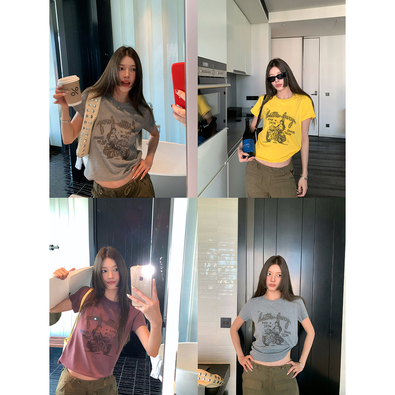 Braces Big Wang [Motorcycle Girl] Korean-Style Vintage Distressed Short-Sleeve Printed Regular Shoulder Short Slim-Fit T-Shirt
