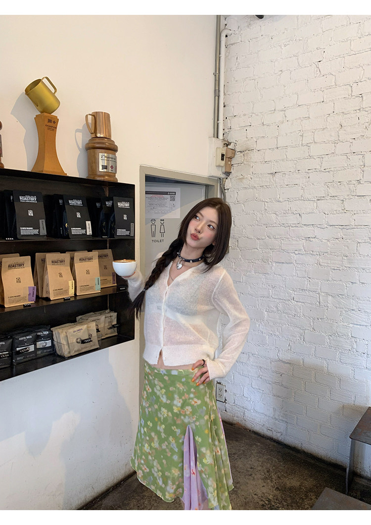 牙套大汪 [Зеленые цветы] Юбка-миди с цветочным принтом в стиле масляной живописи с контрастными цветами