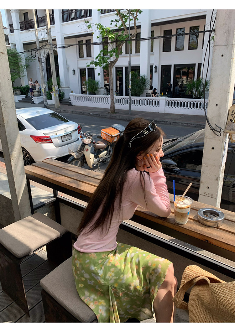 牙套大汪 [Зеленые цветы] Юбка-миди с цветочным принтом в стиле масляной живописи с контрастными цветами