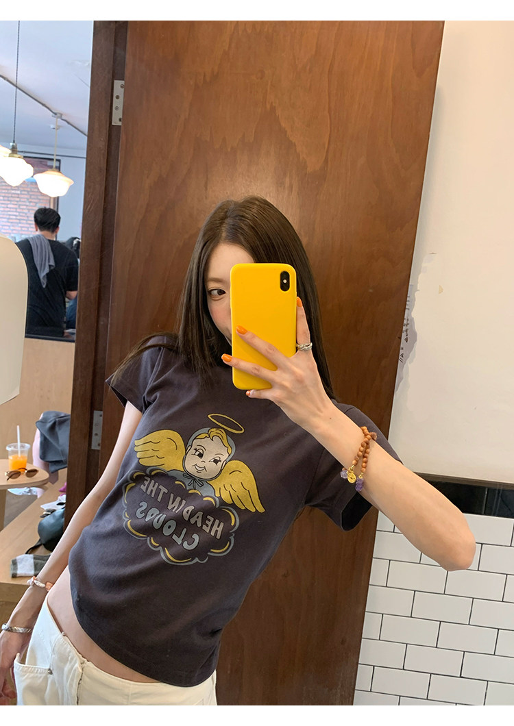 牙套大汪【天使贝贝】Американская ретро футболка с принтом ангелочка приталенного кроя с короткими рукавами