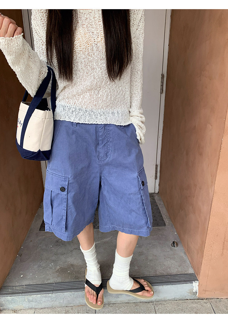 【小蓝莓】Плотные винтажные сине-фиолетовые свободные капри с большими карманами