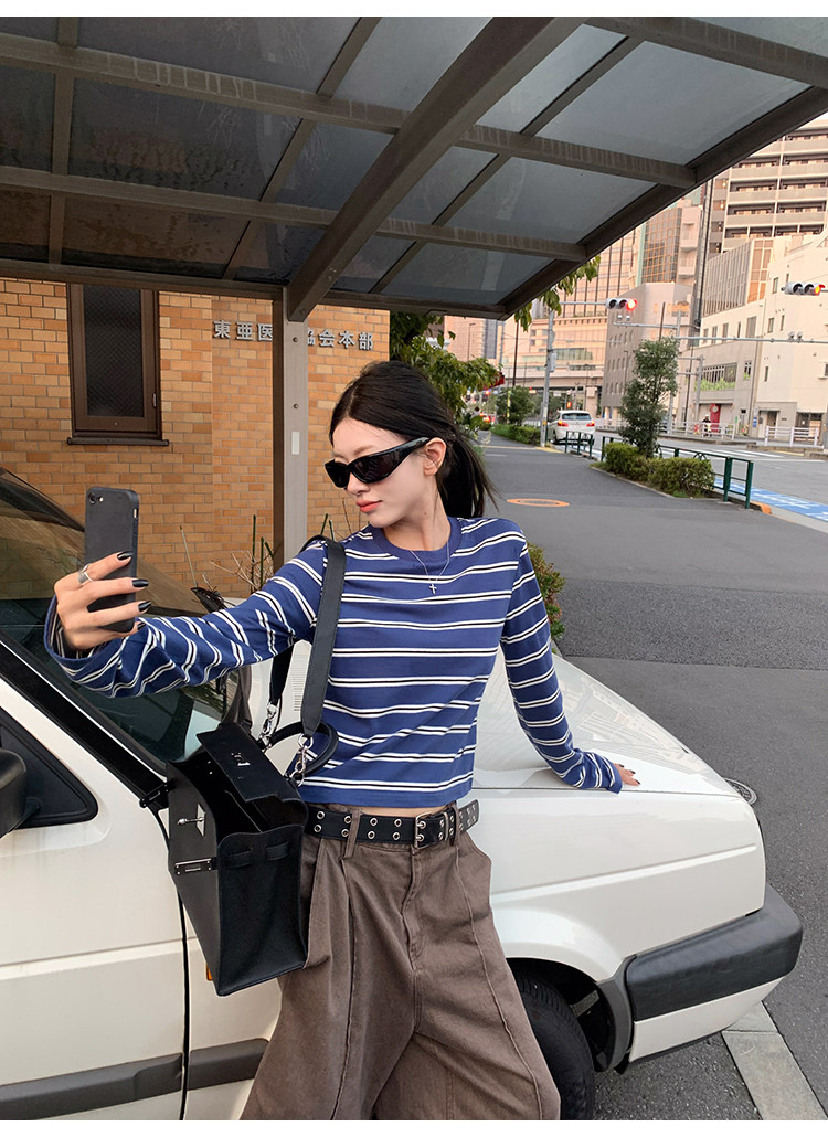 牙套大汪 【海魂2代】полосатая голова синяя осенняя новинка casual свободная стройнящая базовая футболка